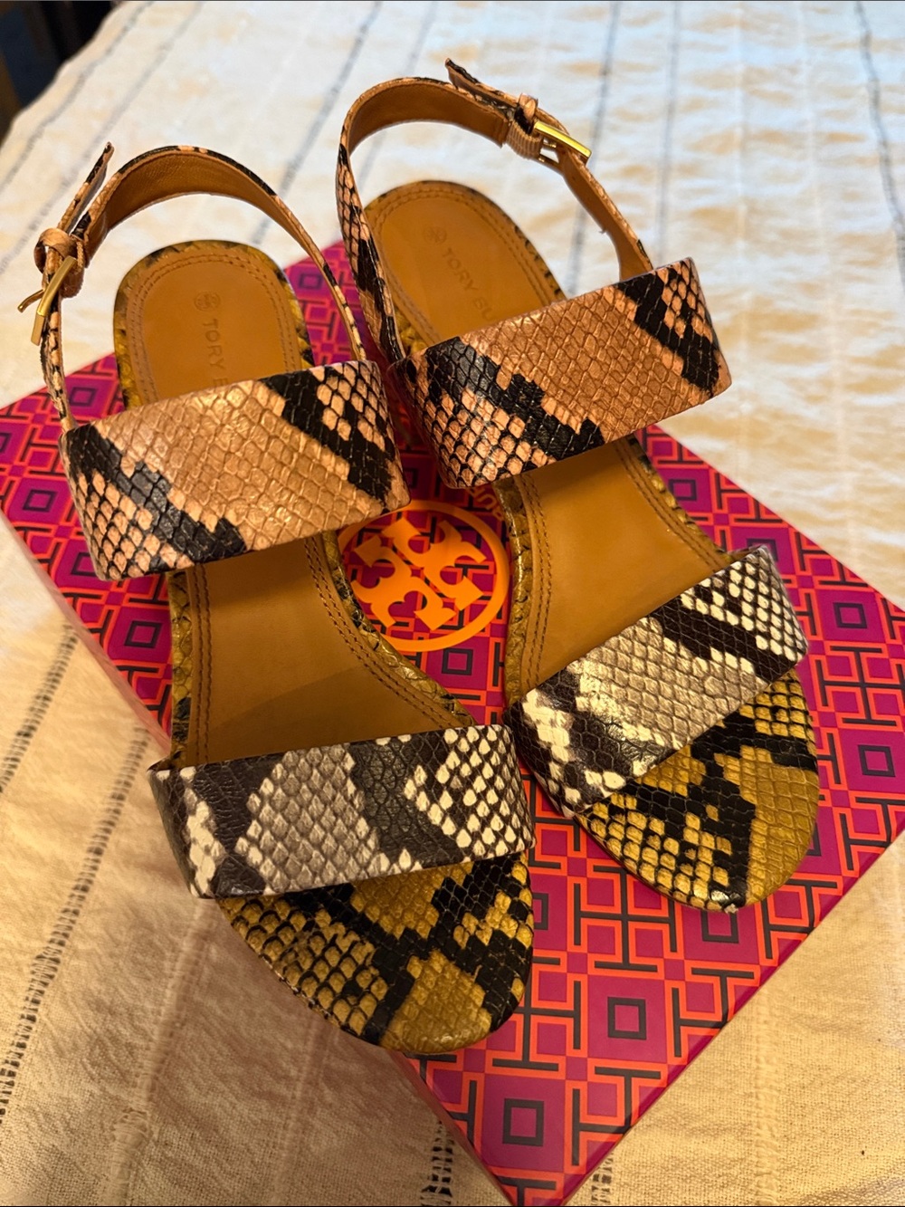Tory Burch Pink, Yellow & Black Python-Print Block Heel Sandals EUC